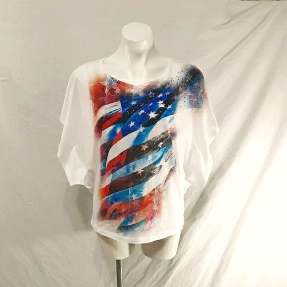 Closet Full Americana Flag Rhinestone Boxy Caftan Top Dolman Red Stripe Small